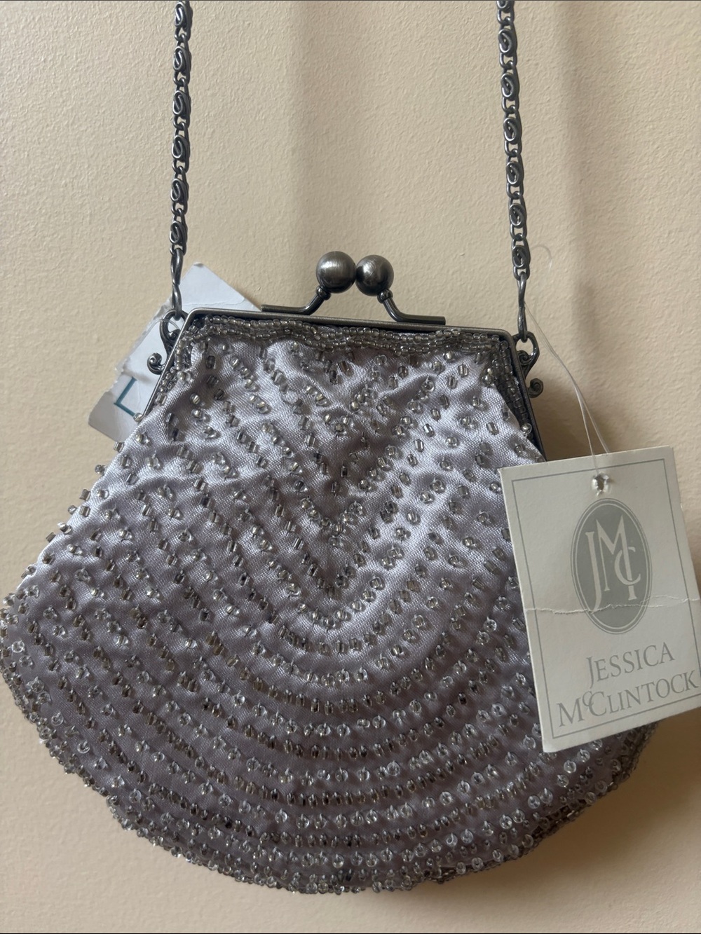 Jessica McClintock Silver Beaded Wristlet Evening Bag - NEW
